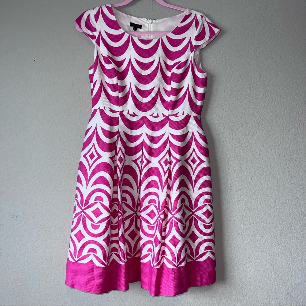 Talbots Pink and White Geometric Fit-and-Flare Midi Dress